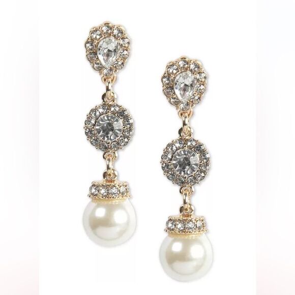 Charter Club Gold tone imitation 1.5” Pearl Drop Earrings - Picture 1 of 4